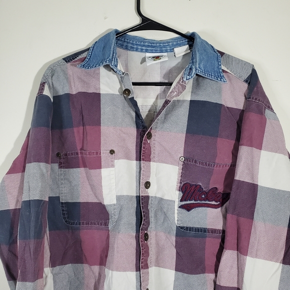 Vintage Mickey Mouse Plaid Denim Button Down Long Sleeve Shirt L/XL Purple Blue - Picture 2 of 8